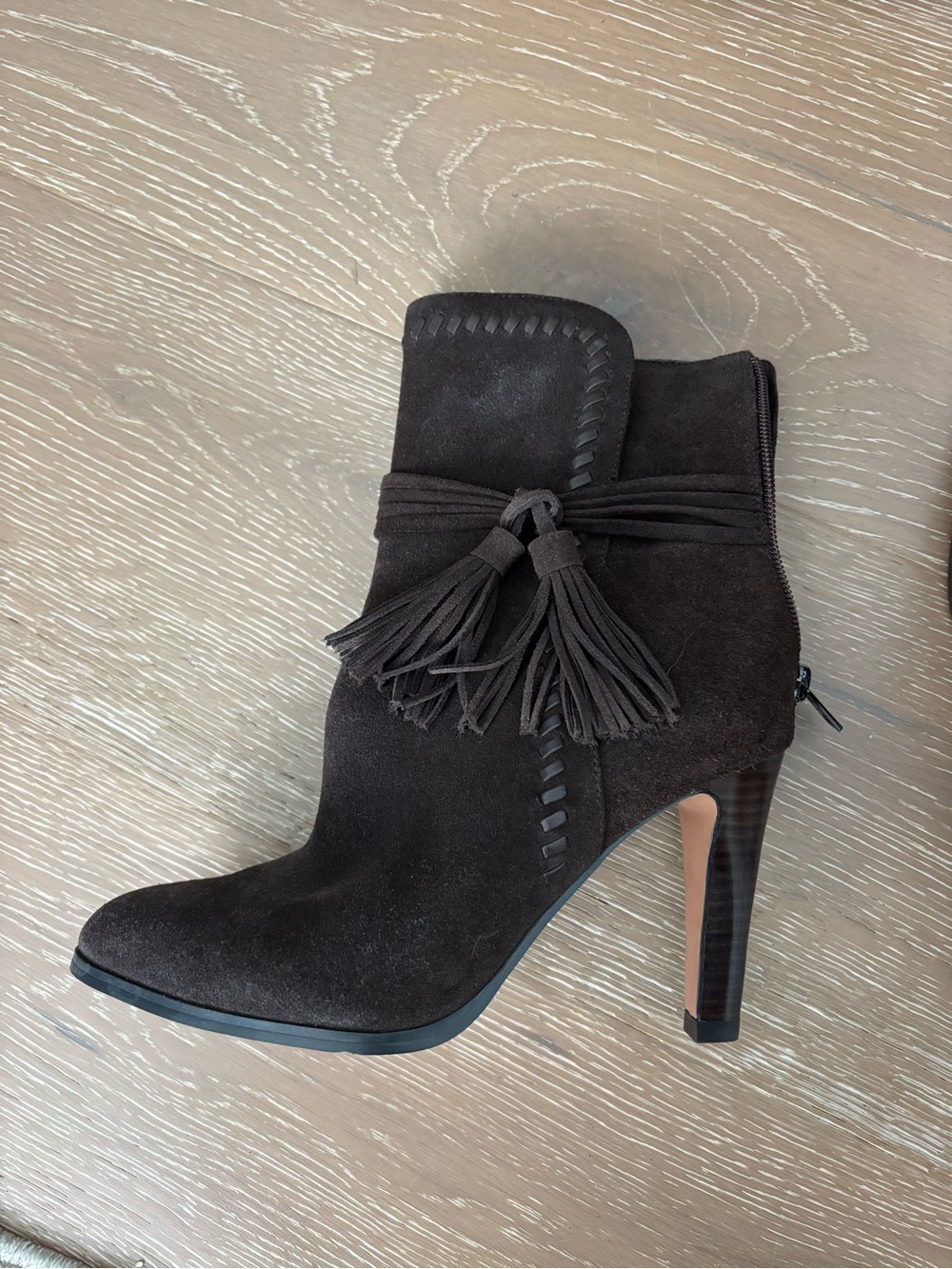 Coach Dark Brown Suede Tassel High-Heel Ankle Boots